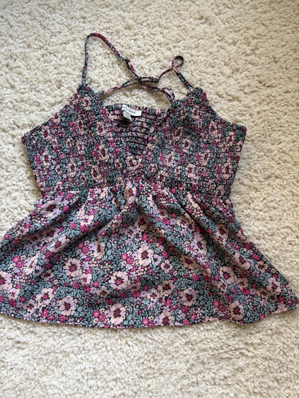 American Eagle Outfitters Pink and Green Floral Smocked Cami
